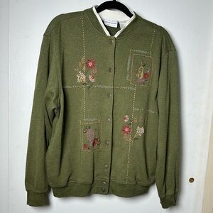 Alfred Dunner Olive Green Cardigan Sweater with Embroidered Details Size L